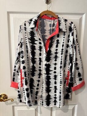 Black & White Abstract Blouse with Coral Trim